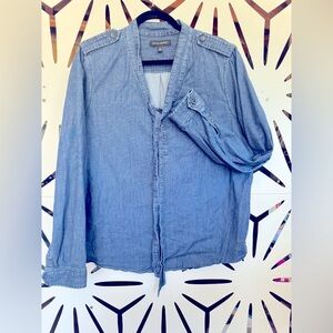 Banana Republic Tie Neck Pullover Stretch Denim Blouse Dark Blue